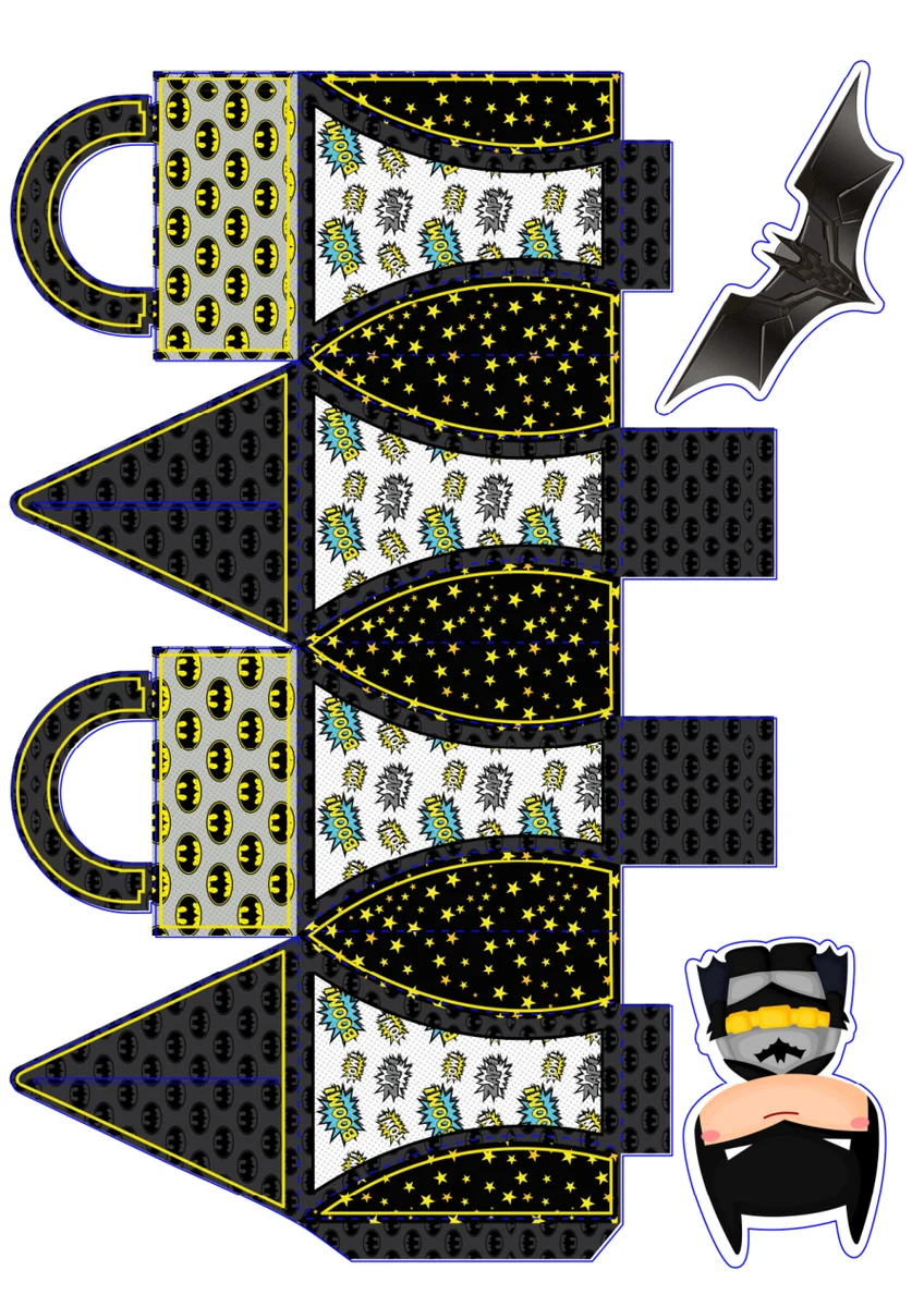 Molde original da caixa com alça Batman Cute, com estampa e apliques do acervo